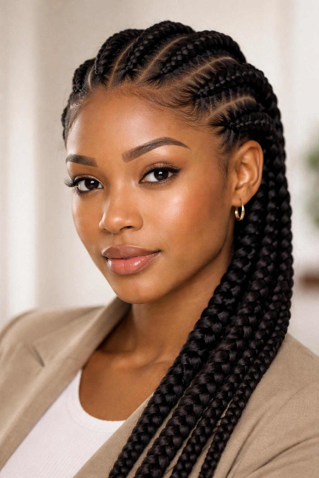Close-up portrait of thick cornrows on a professional head against a neutral background