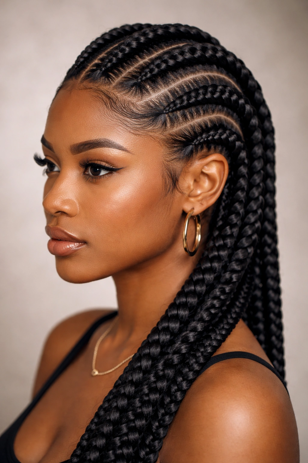 Close-up of thick bold straight-back cornrows on natural hair