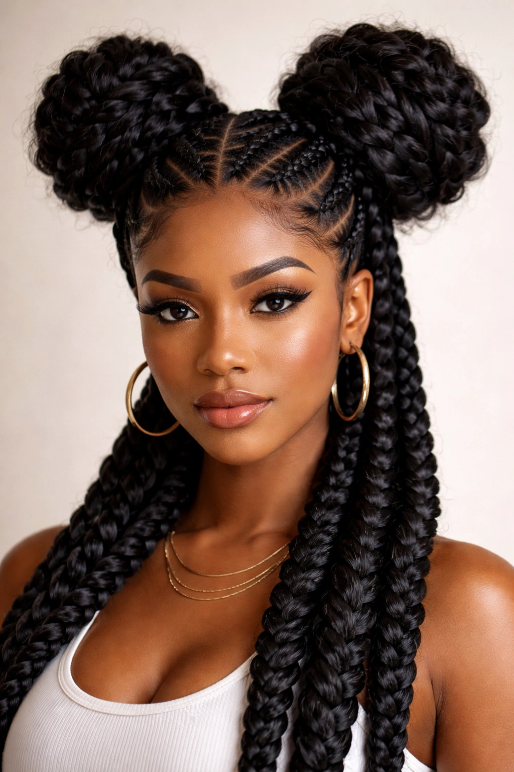 Thick cornrow base supporting oversized voluminous buns