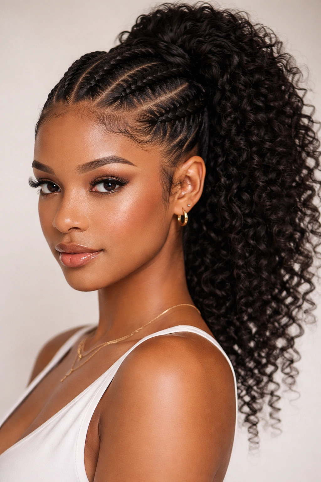 Thick crown cornrows arching around head into a ponytail