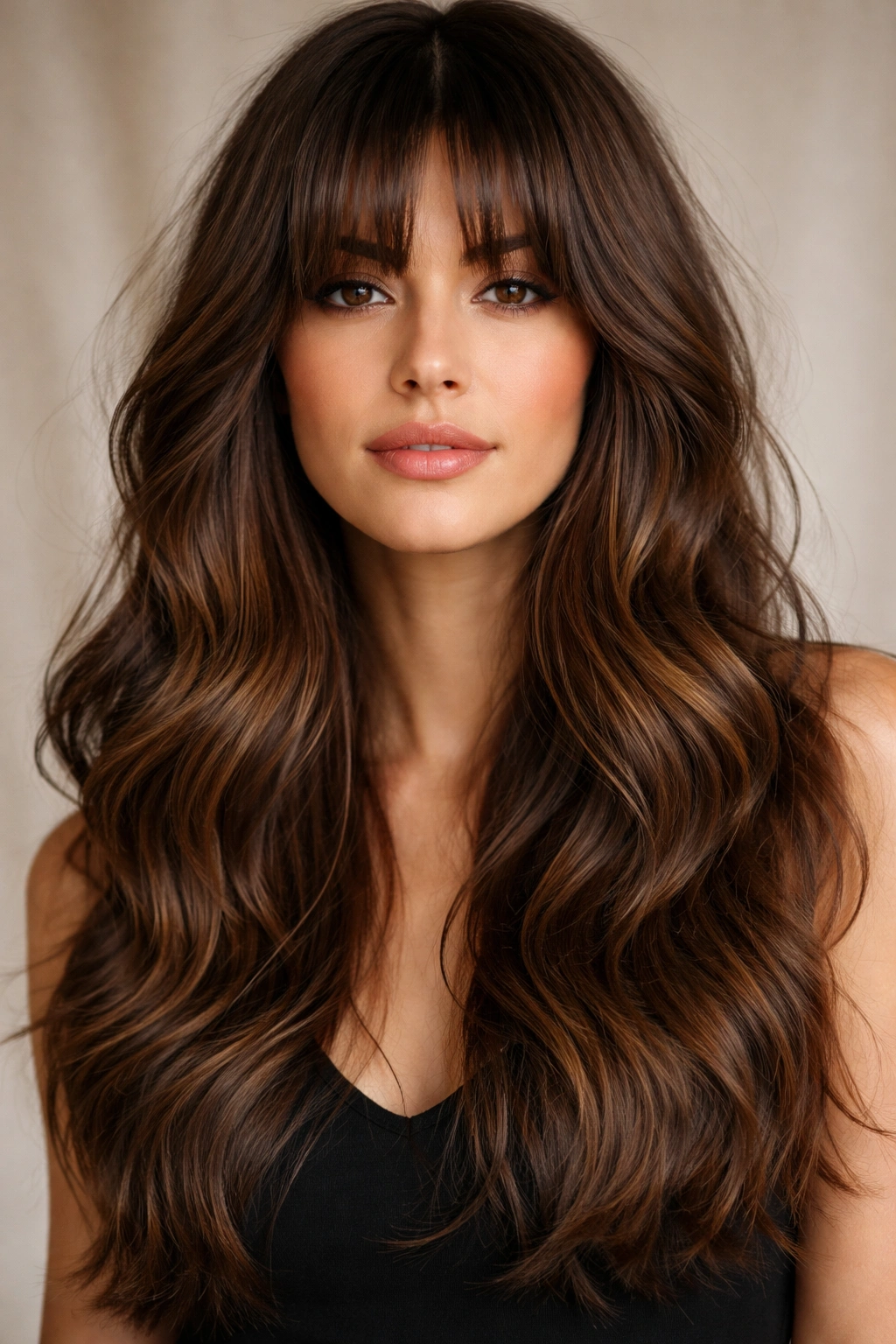 Close-up portrait of a person with thick curtain bangs and tousled brown waves, warm caramel highlights, neutral backdrop.