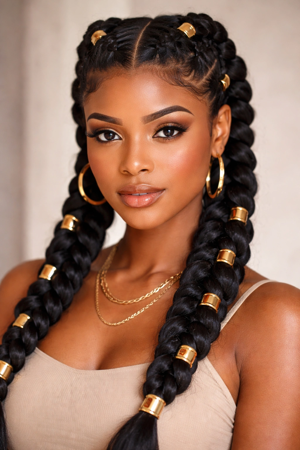 Thick Dutch braids with hair cuffs along scalp