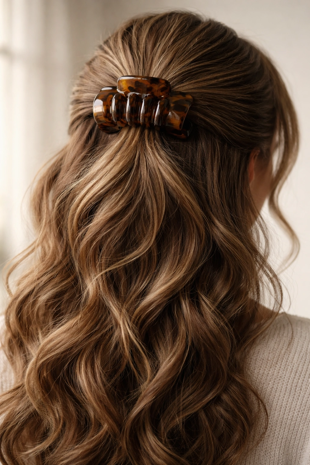 Close-up of a chunky claw clip holding a thick voluminous section of wavy hair at the crown