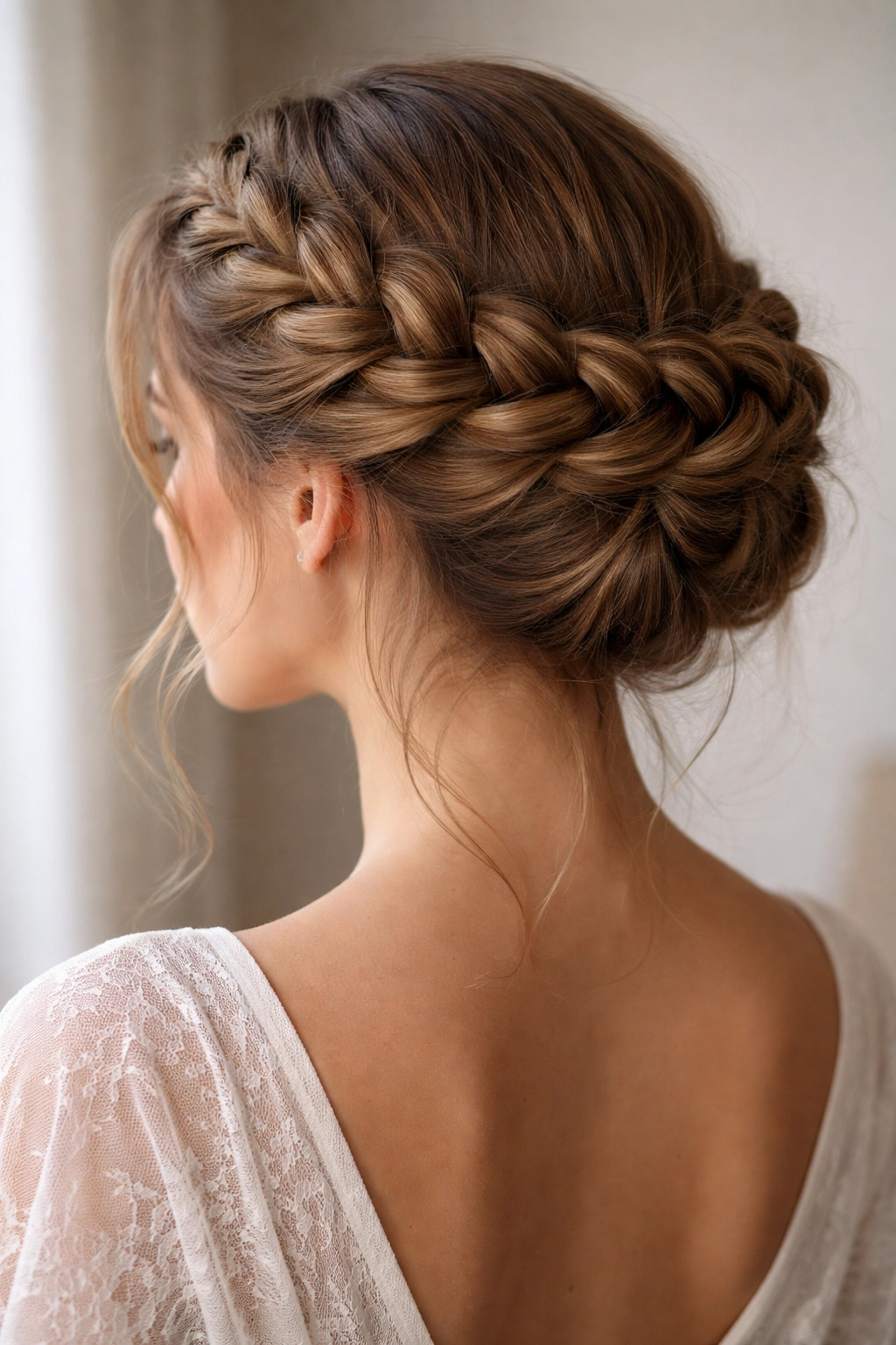 Crown French braid around the head for an elegant updo