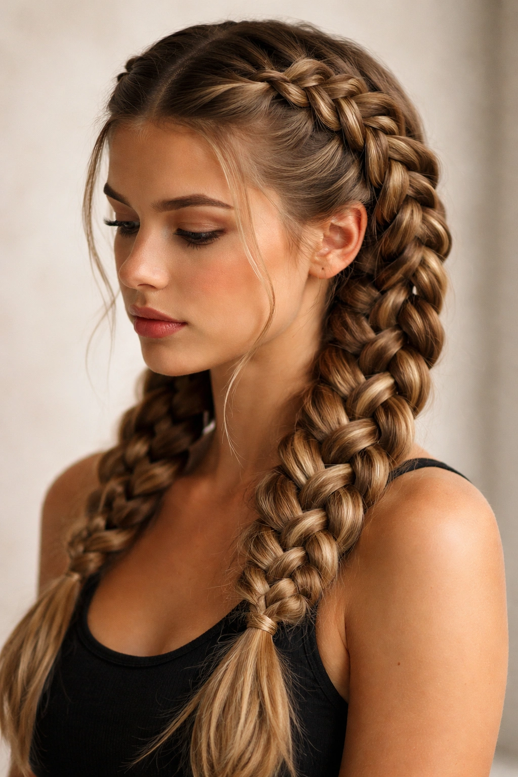 Two symmetrical French braids on thick hair
