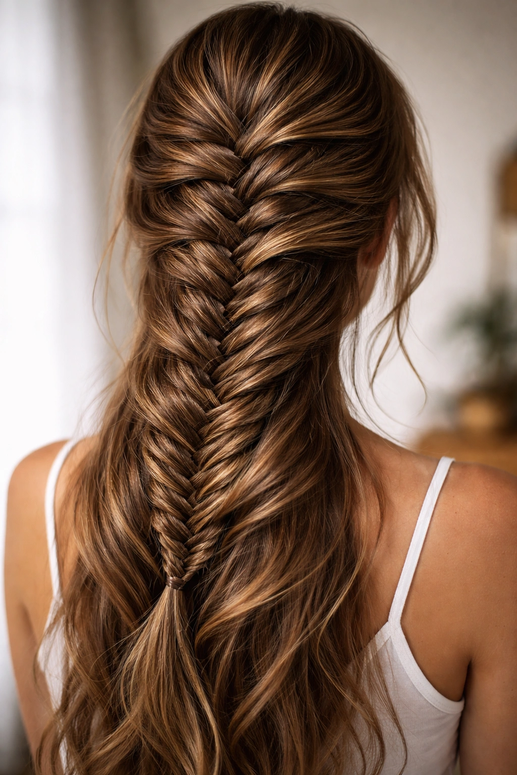 Thick hair in a fishtail French braid hybrid with intricate texture