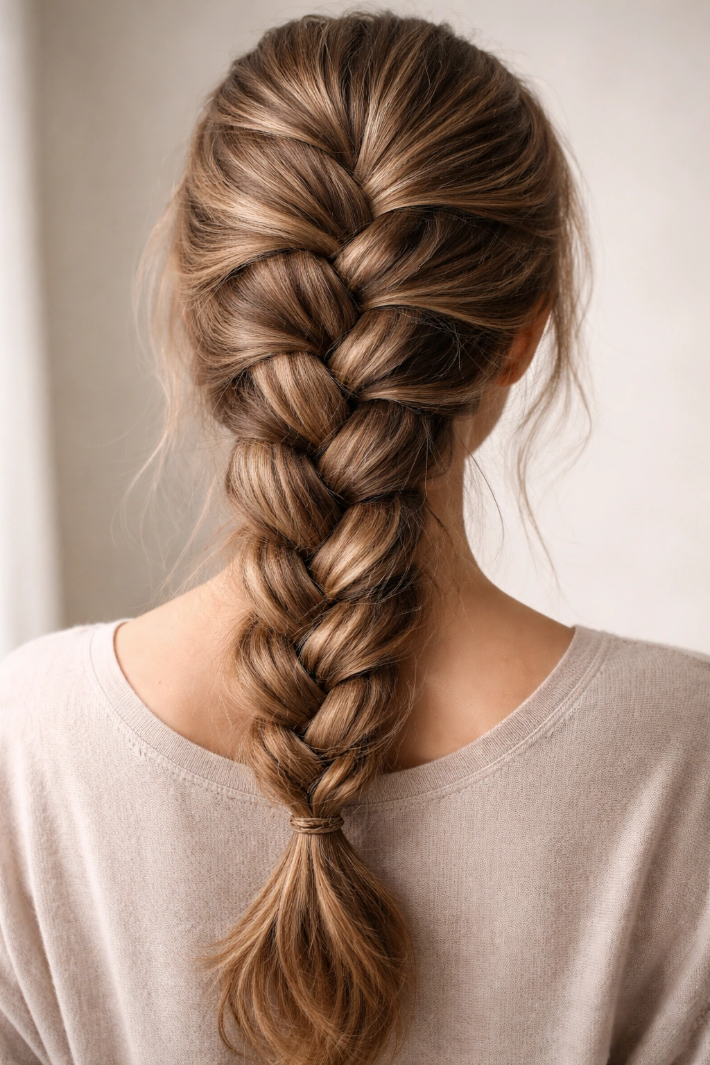 Close-up of a thick-haired French braid with intentional looseness