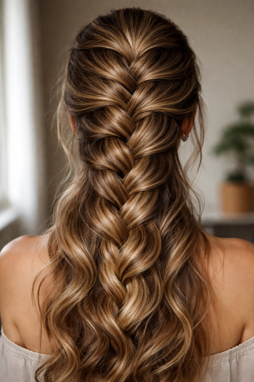 French braid with textured wave base on thick hair