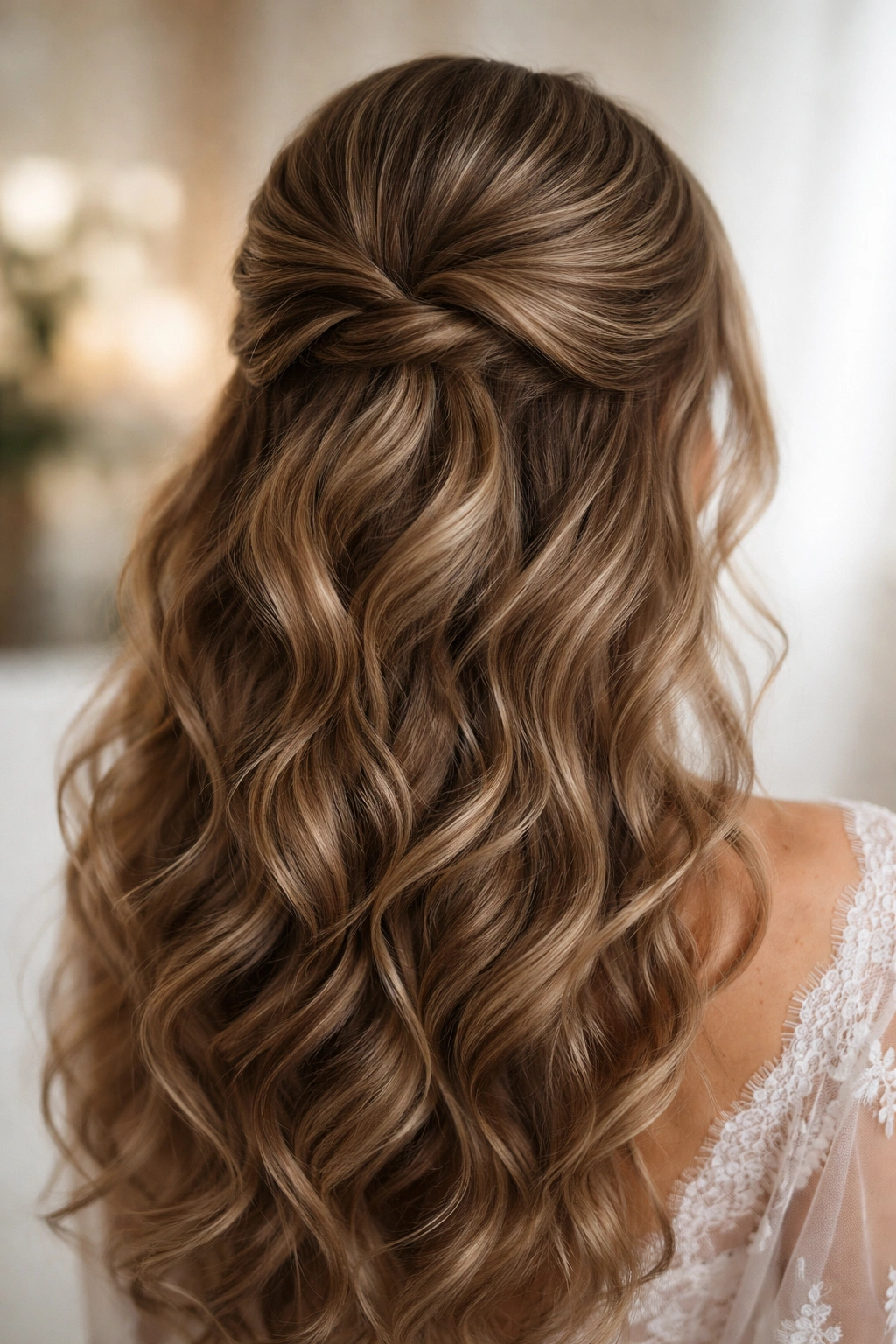 Close-up of thick hair in a soft half-up-half-down style, conveying final look