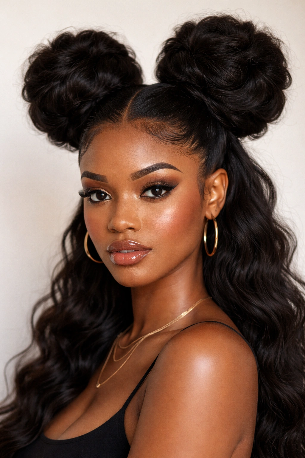 Two thick high space buns creating bold silhouette