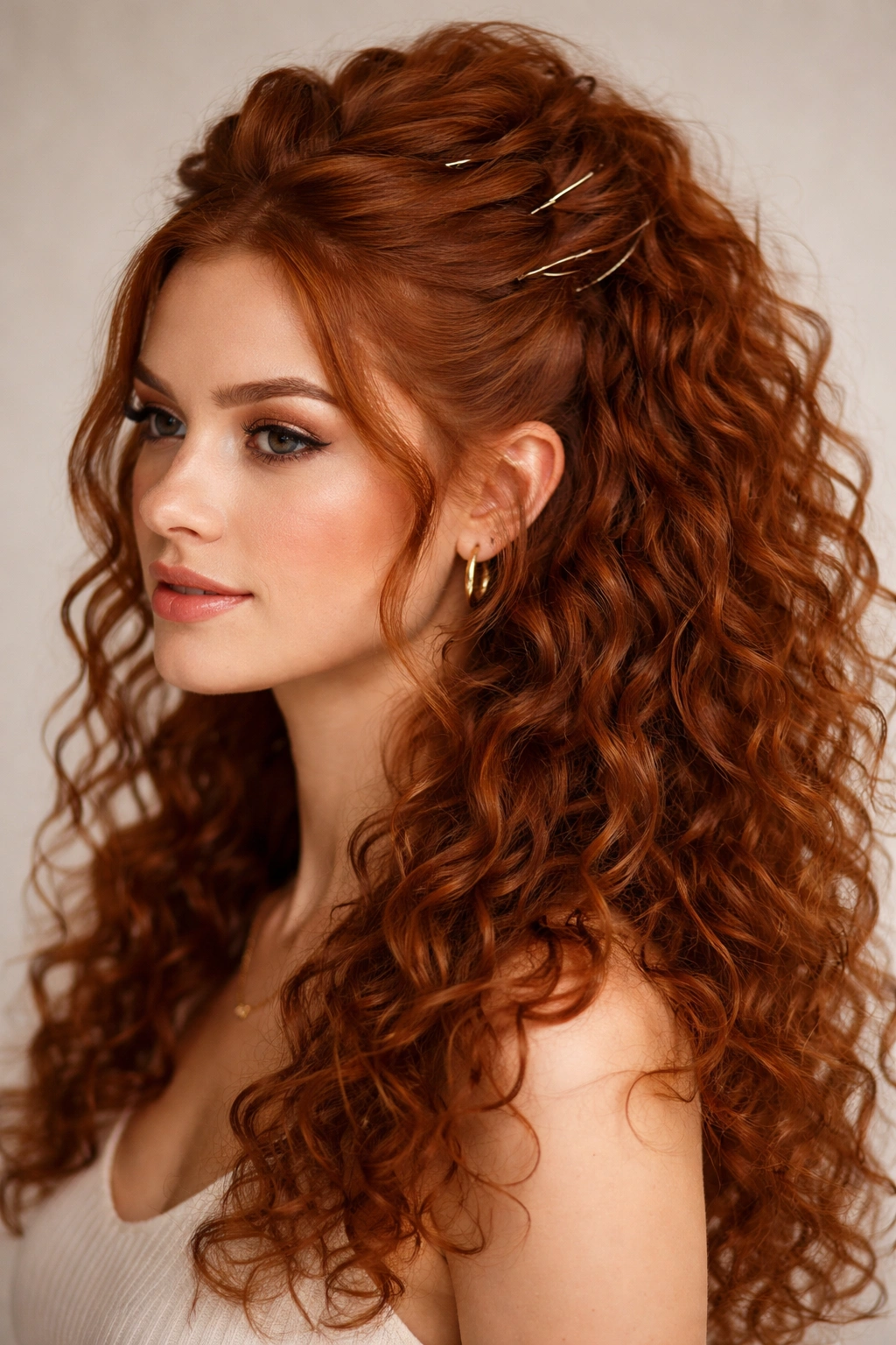 Close-up of thick red curls in a secure half-up half-down style with bobby pins
