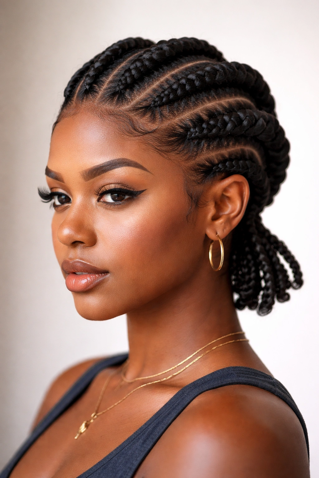 Thick stitch cornrows on short hair with bold volume