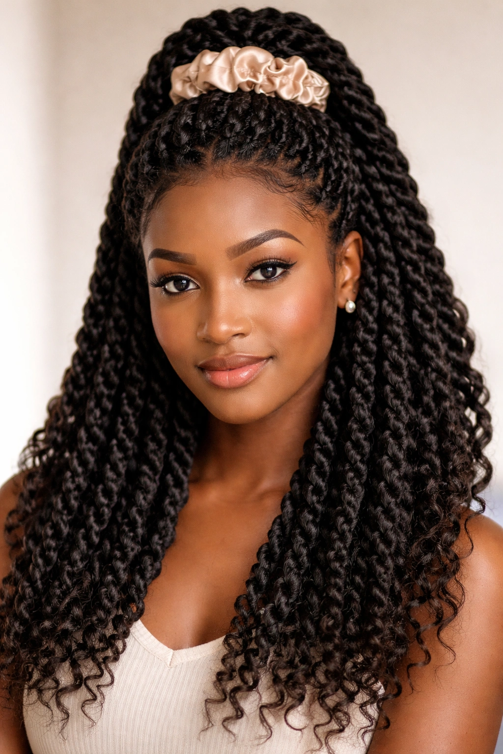 Thick crochet twists half-up with silk scrunchie securing the gathered section