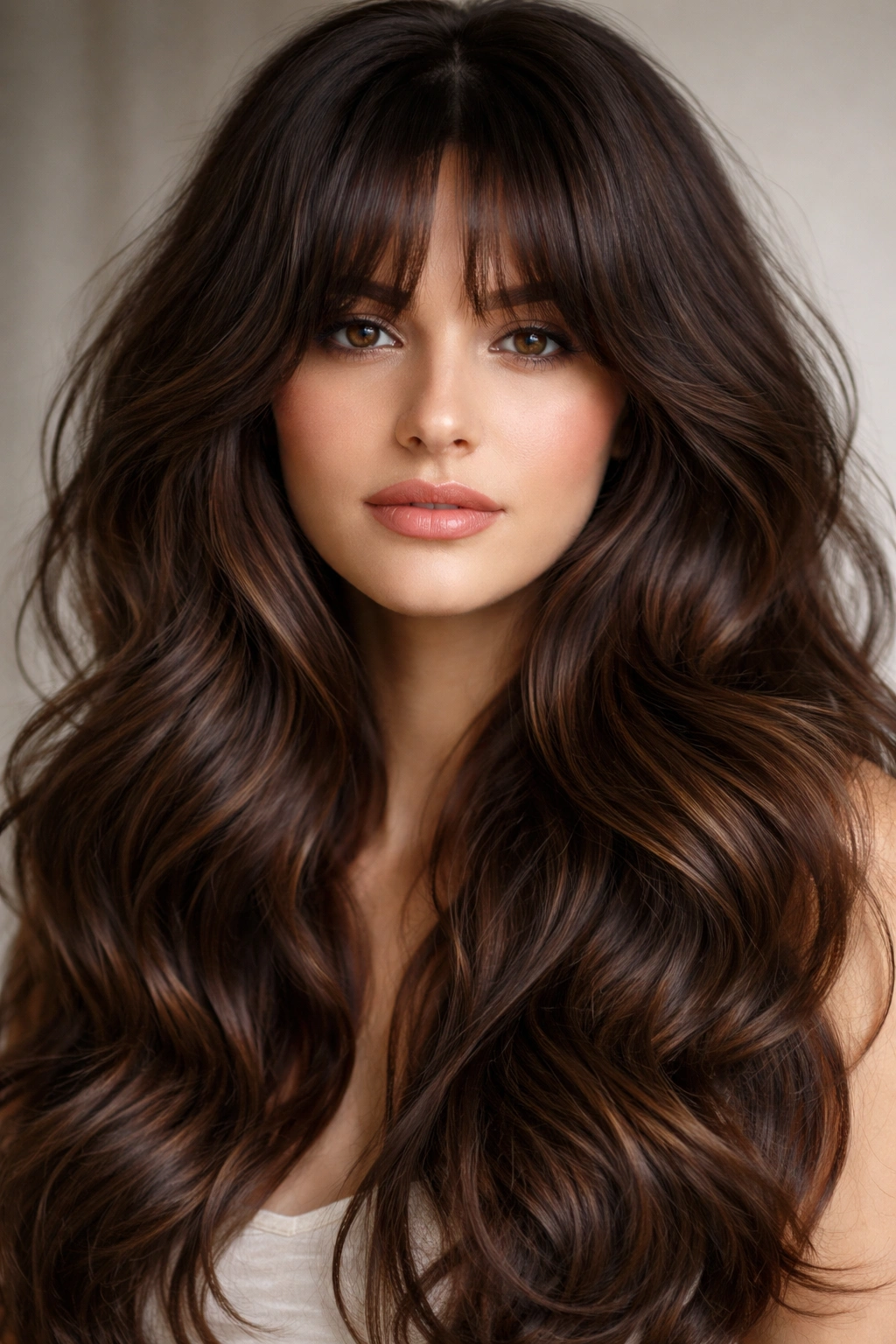 Thick wavy hair with dense curtain bangs showing bold volume.