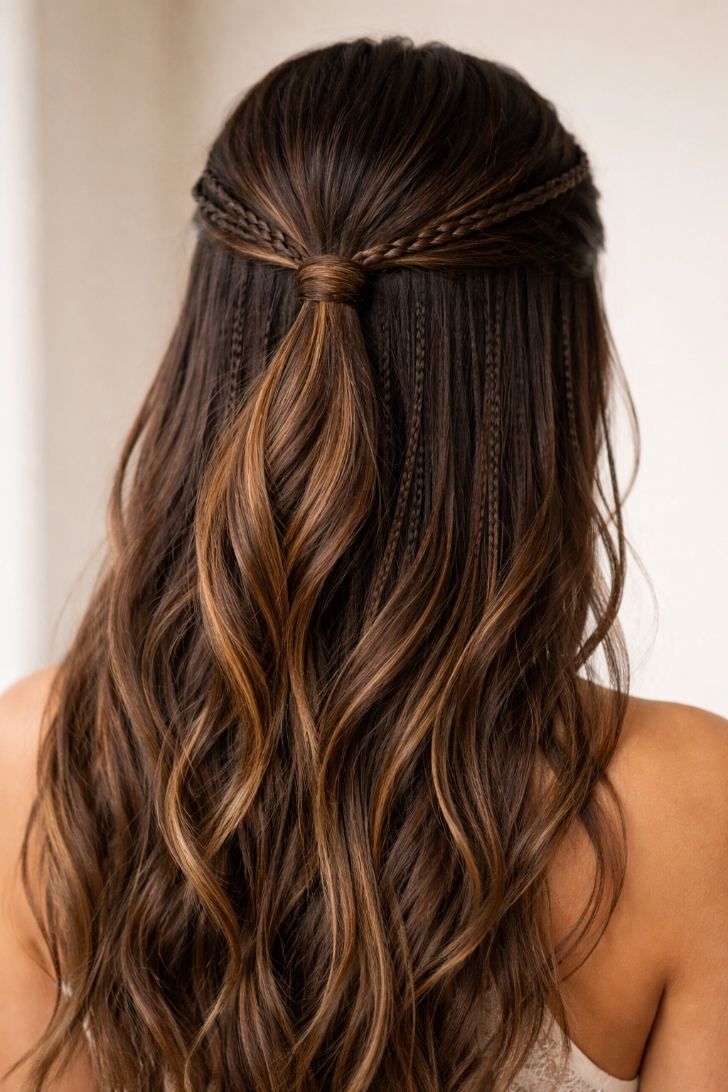 Delicate thin accent braid in half-up hairstyle.
