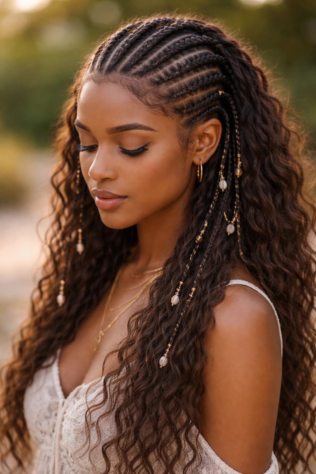 Delicate thin boho feed-in cornrows with airy texture and subtle beads