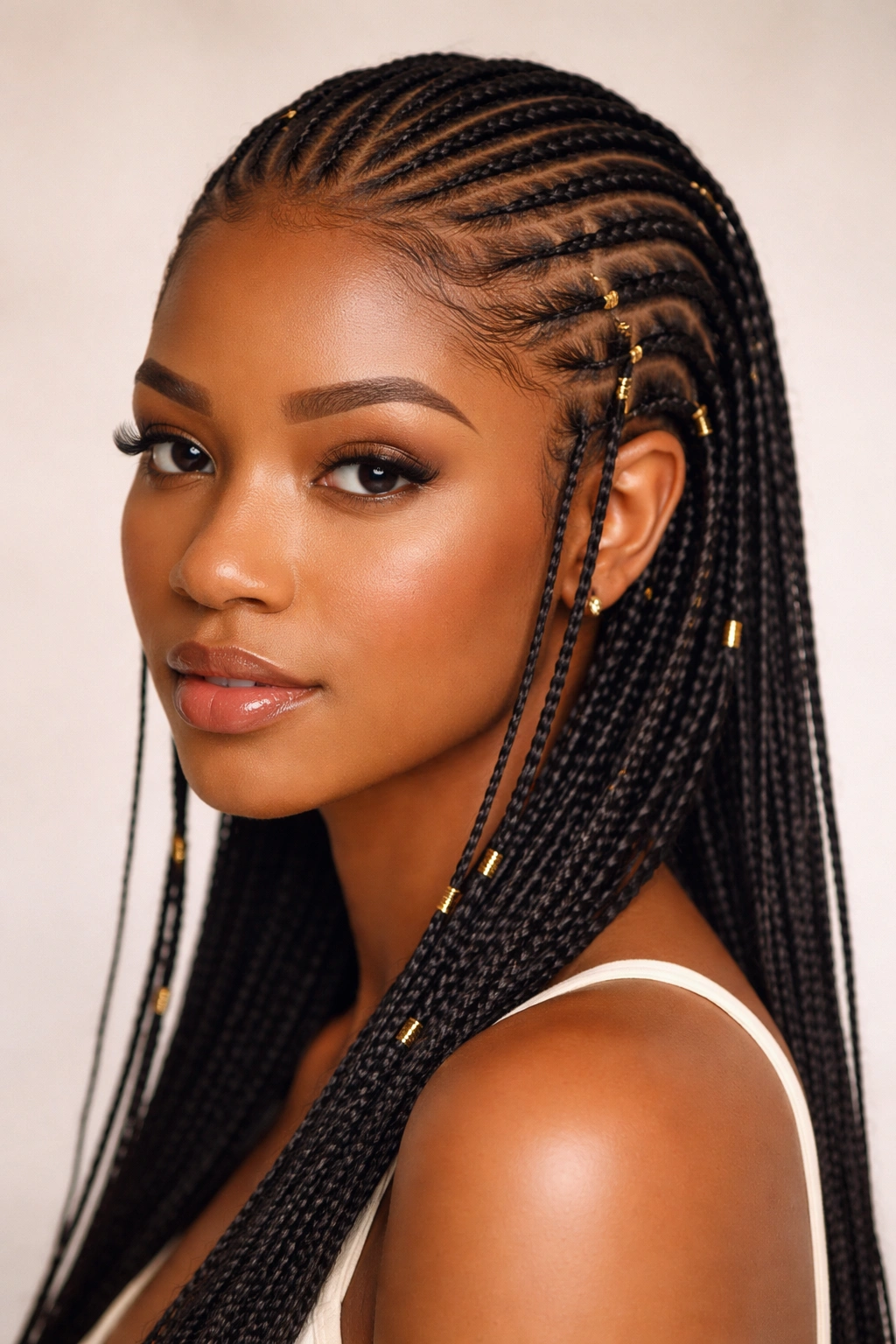 Close-up of thin Fulani braids with subtle gold thread accents around the crown