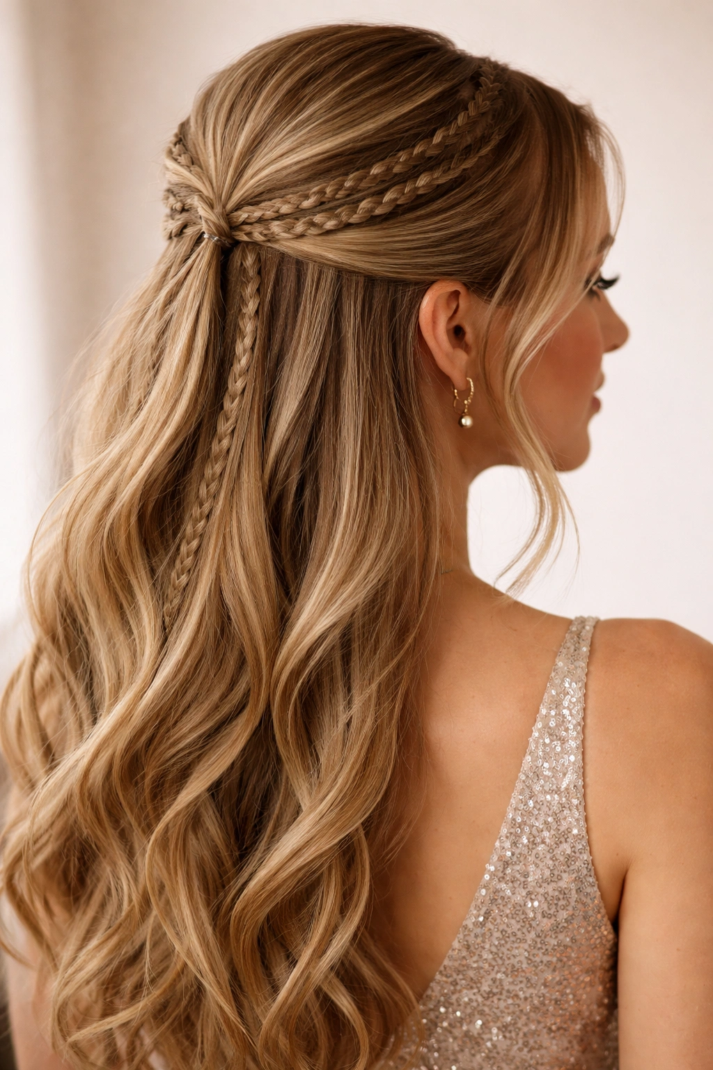 Multiple thin braids across the crown forming a half-up style