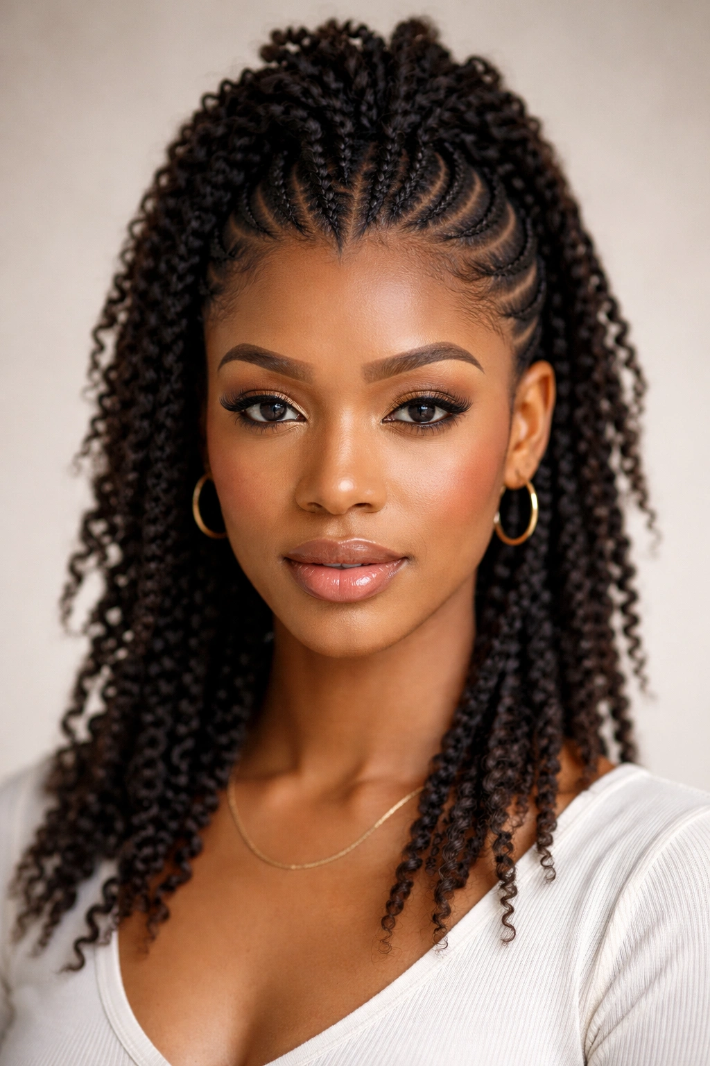 Close-up of thin cornrow mohawk with twists on natural hair