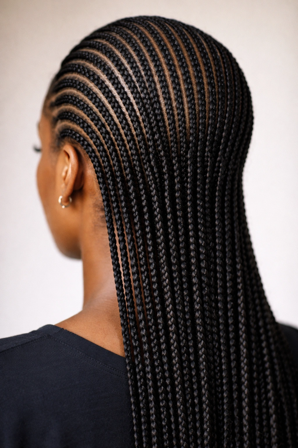 Close-up of pencil-thin cornrows on thick 4C hair showcasing longevity