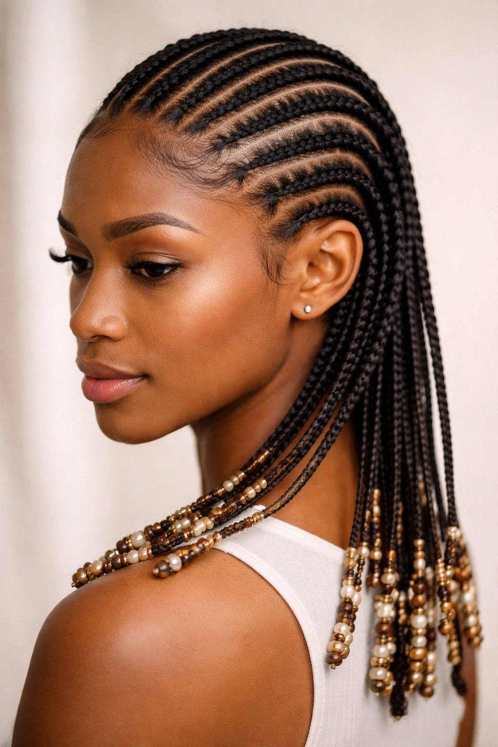 Thin delicate straight-back cornrows with bead accents on natural hair