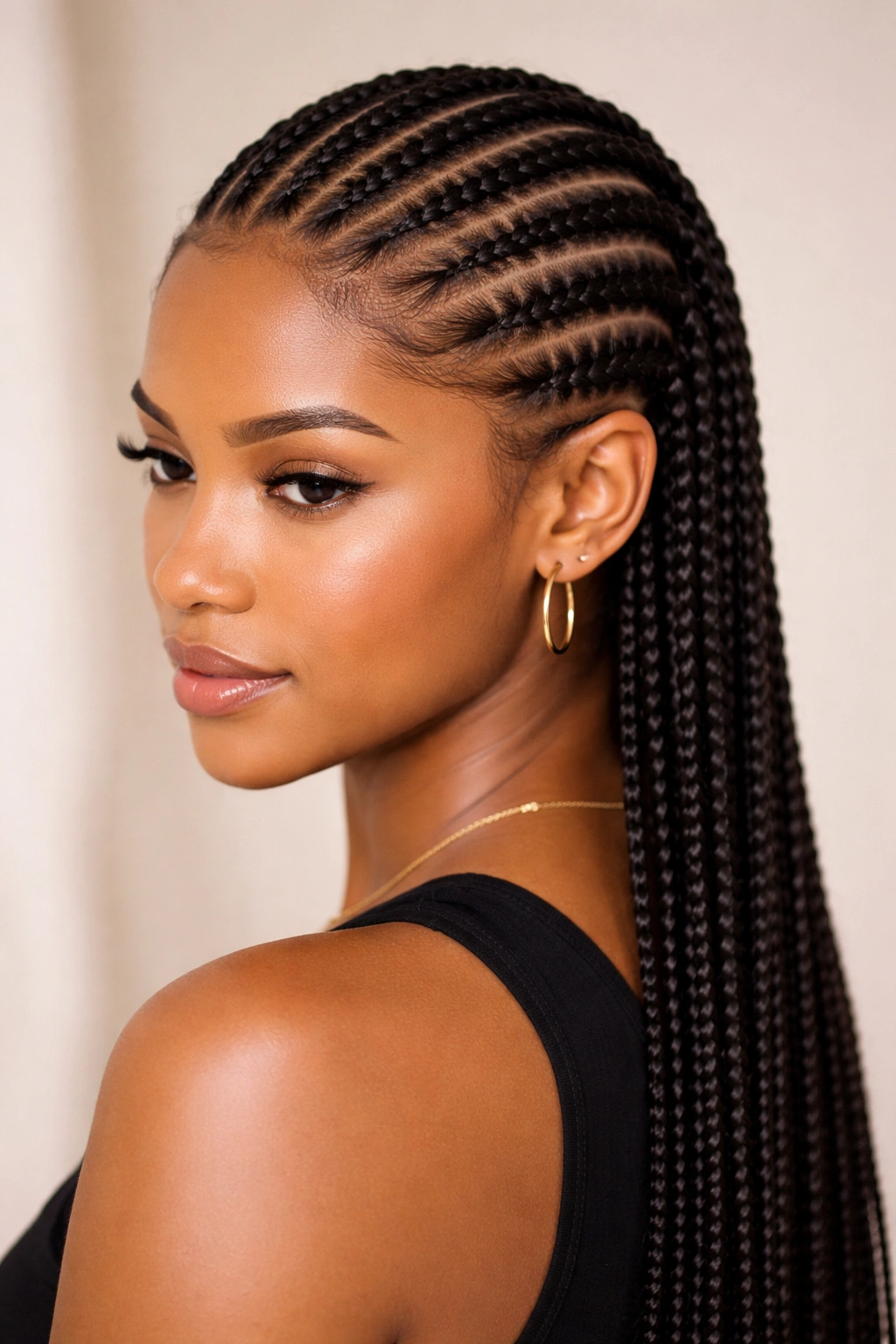Close-up of classic thin straight back cornrows with small box braids