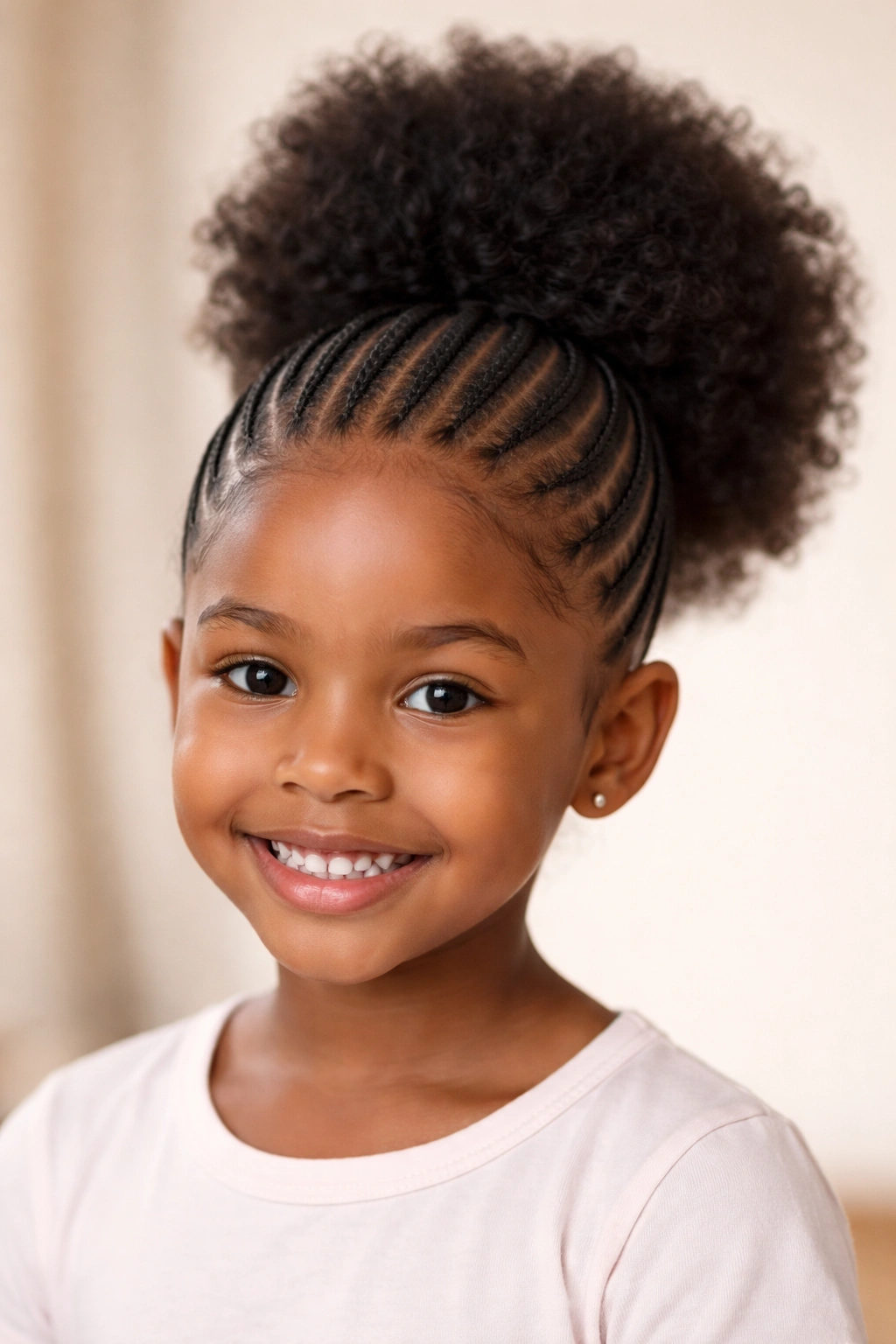 Front view of a child hairstyle with thin cornrows and a large ponytail puff
