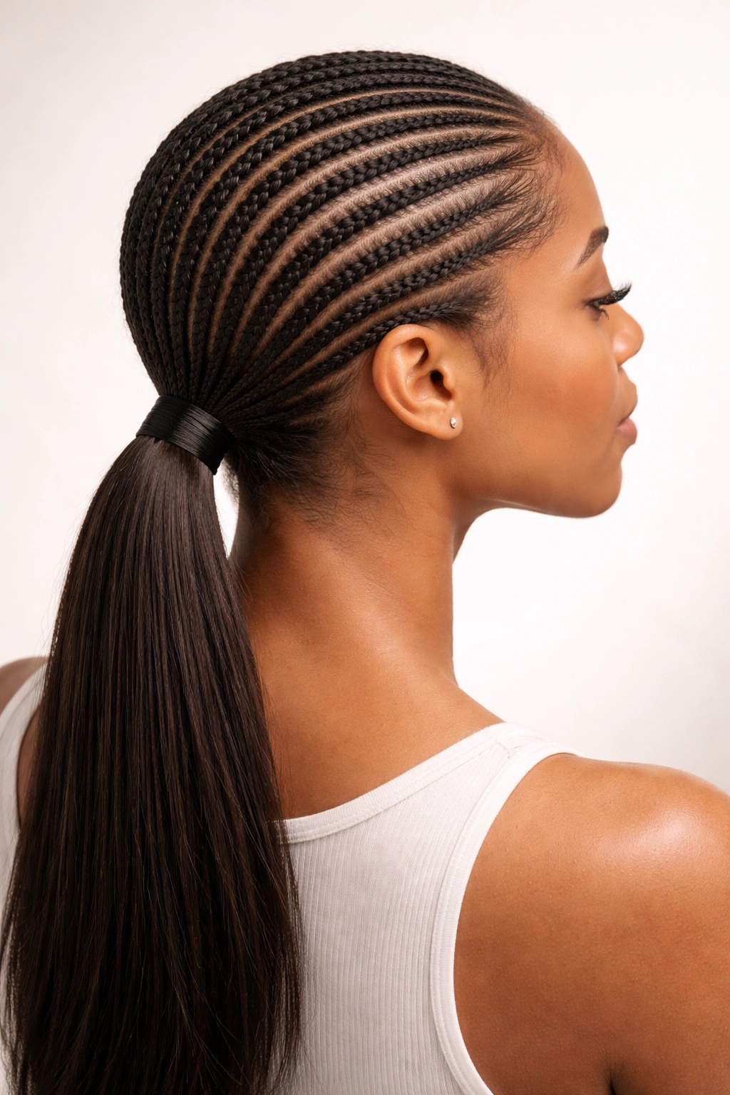 Multiple thin cornrows converging into a sleek ponytail