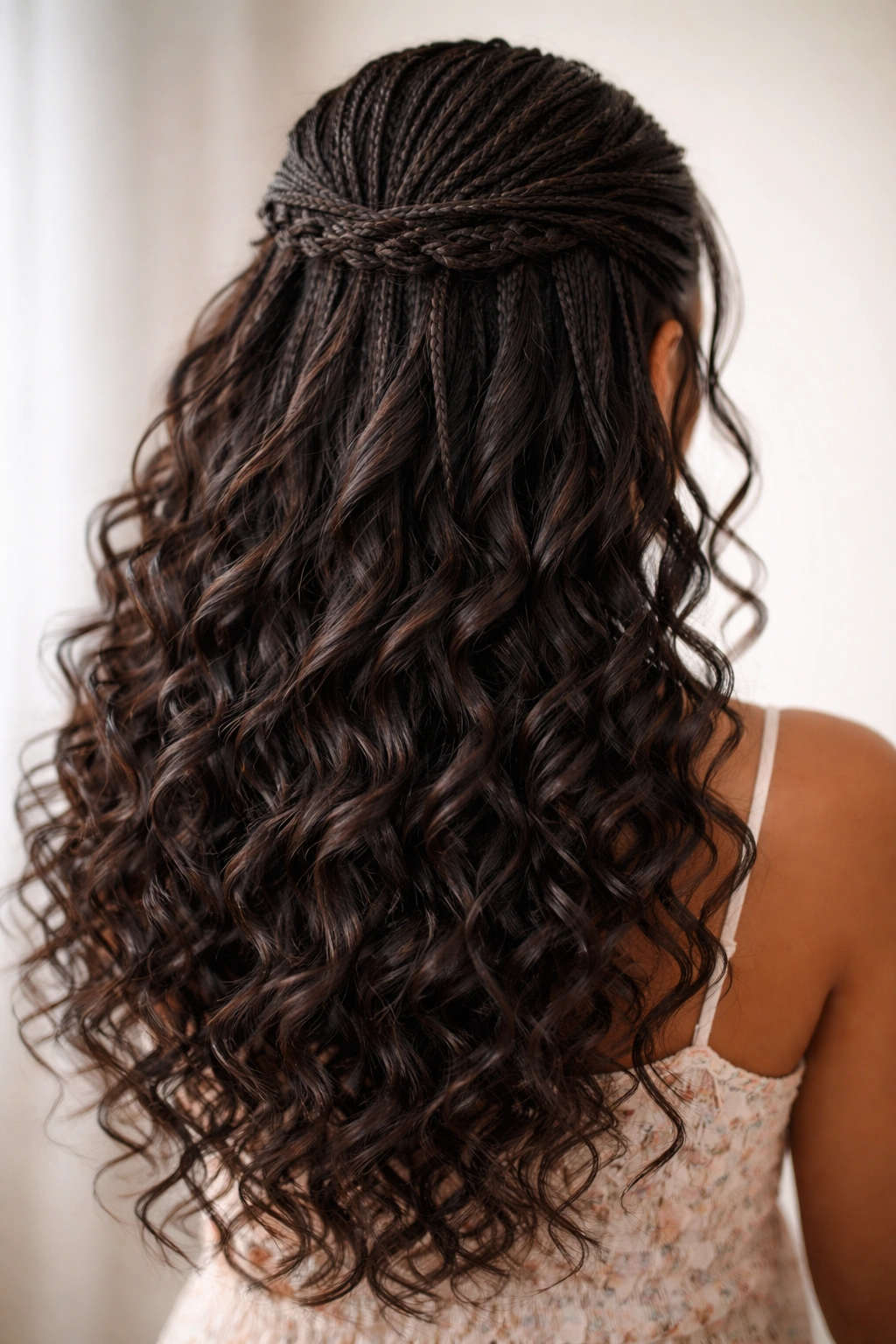 Thin crochet braids half up with waterfall cascading into curls