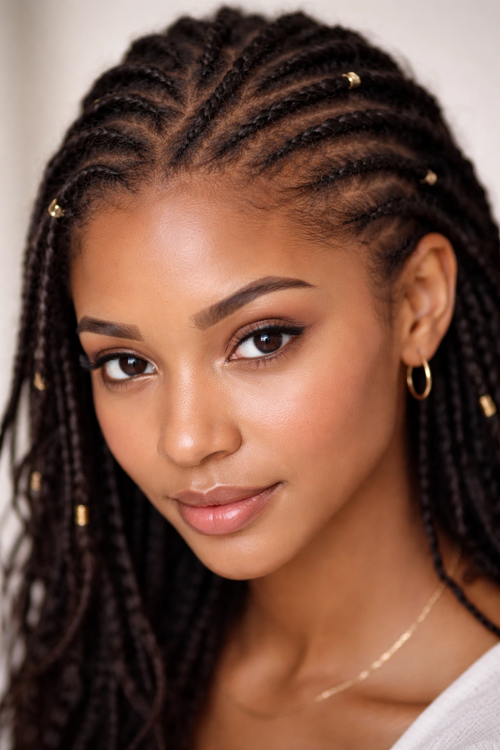 Scattered thin cornrows across scalp with natural texture