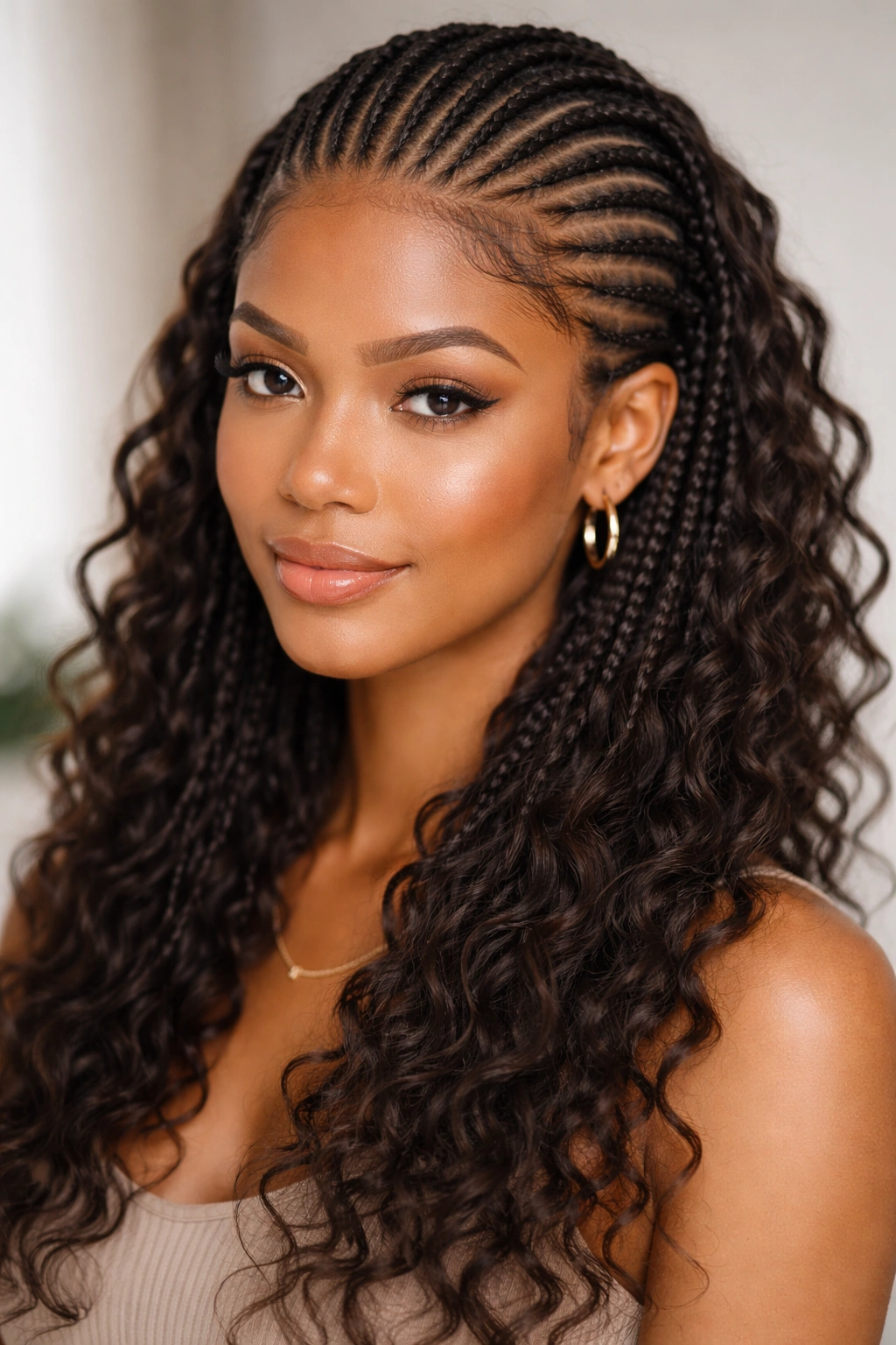 Fine, closely spaced cornrows with airy textured wave extensions