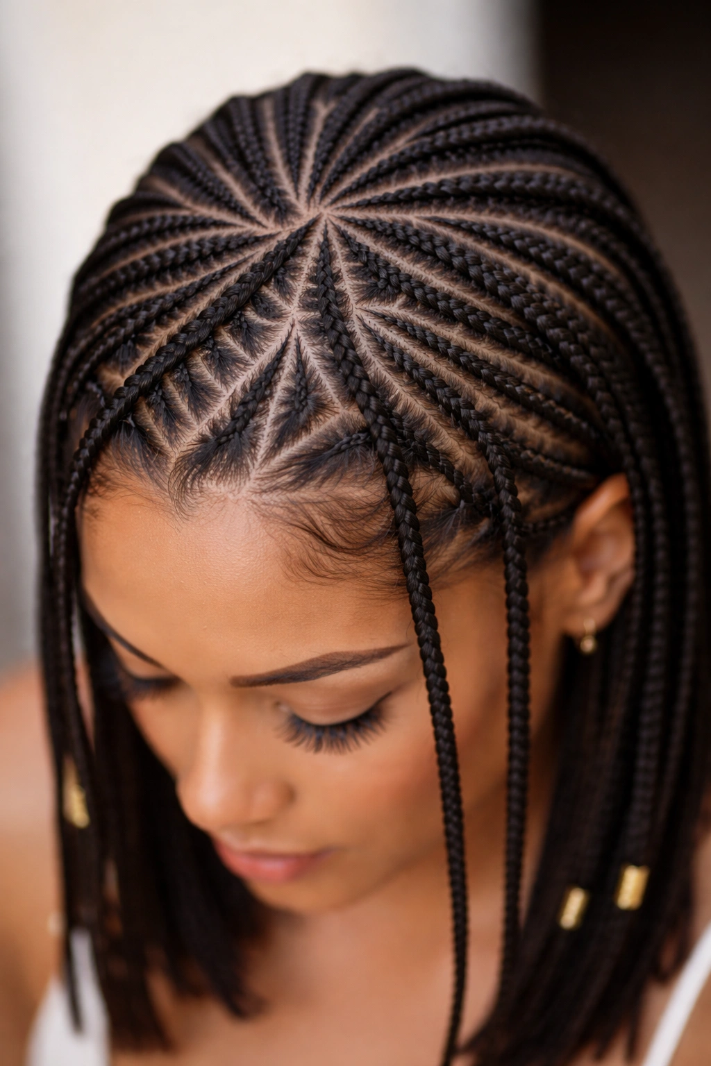 Top-down close-up of numerous thin, intricate cornrows across the scalp