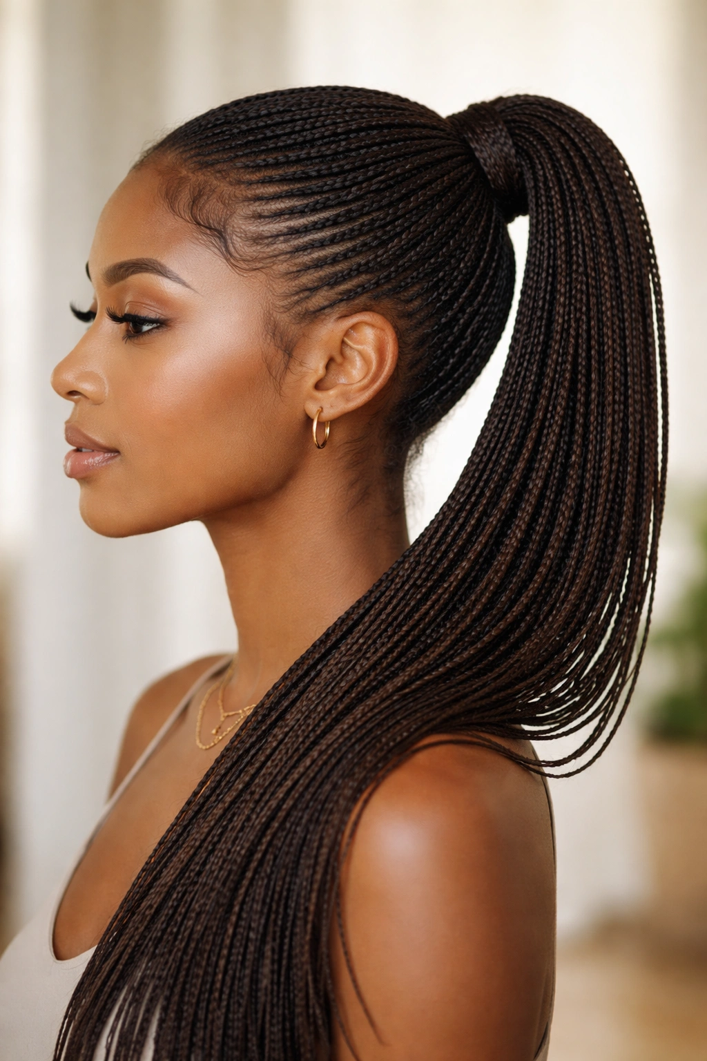 Profile of side ponytail with thin knotless braids