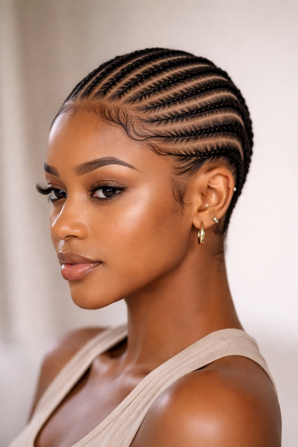 Thin stitch cornrows with defined edges on short hair