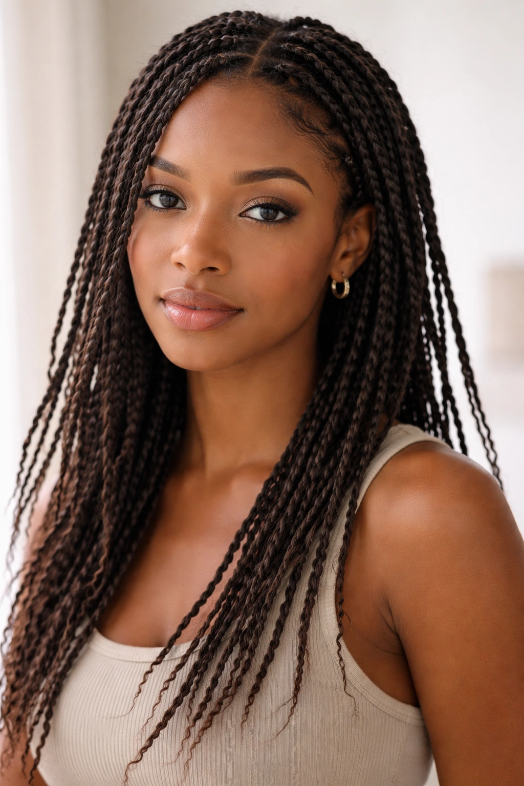 Close-up of head with many slender two-strand twists for length and movement