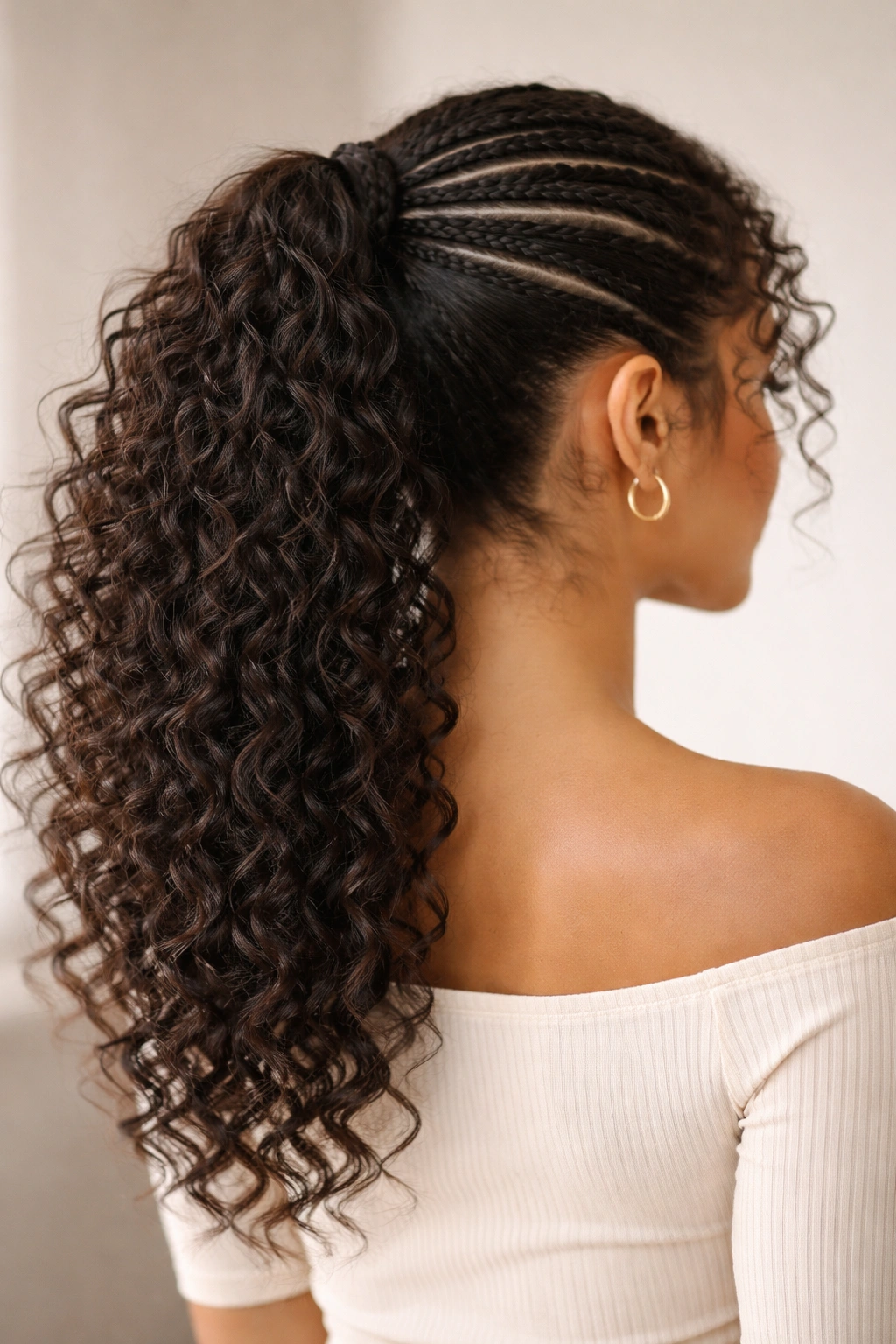 Three thin braids converging into a mid-height ponytail