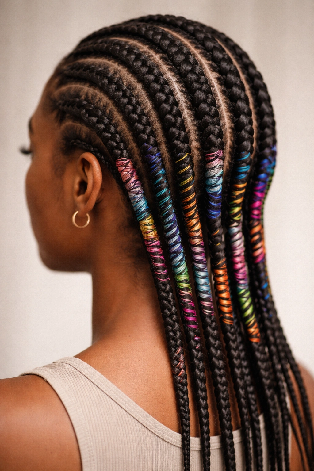 Cornrows with colorful thread wrapped around each braid