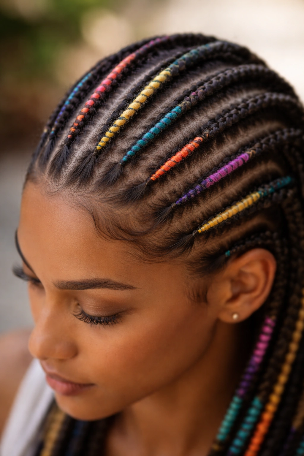 Cornrows with contrasting thread wrapped around the braid bases