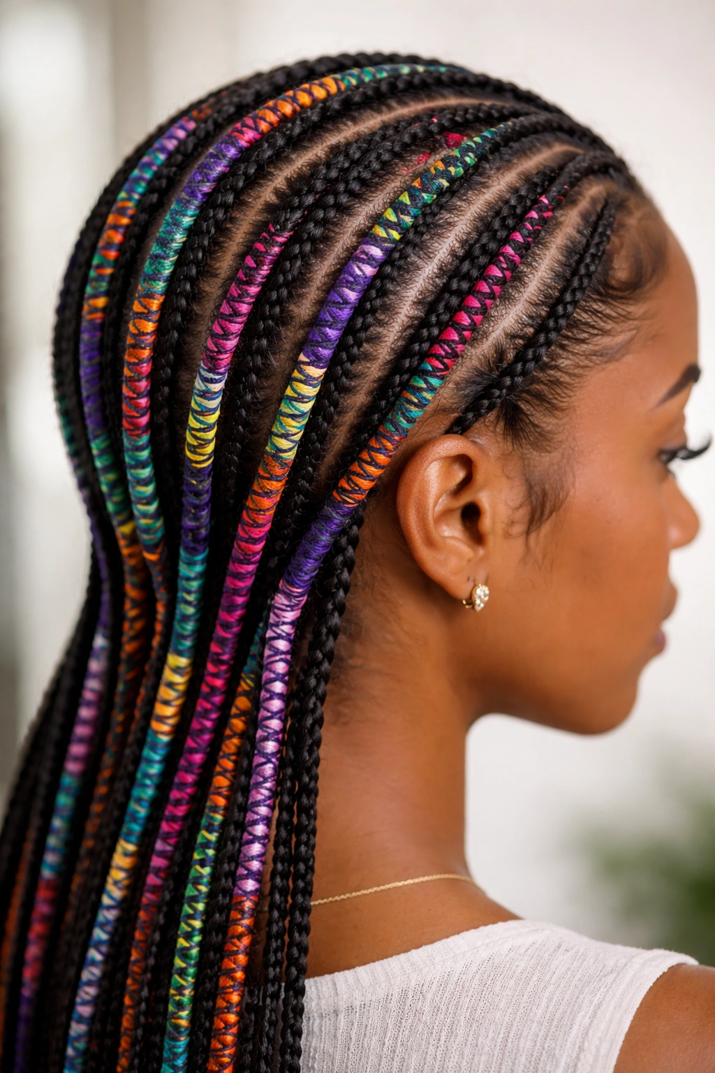 Close-up of colorful thread-wrapped cornrows