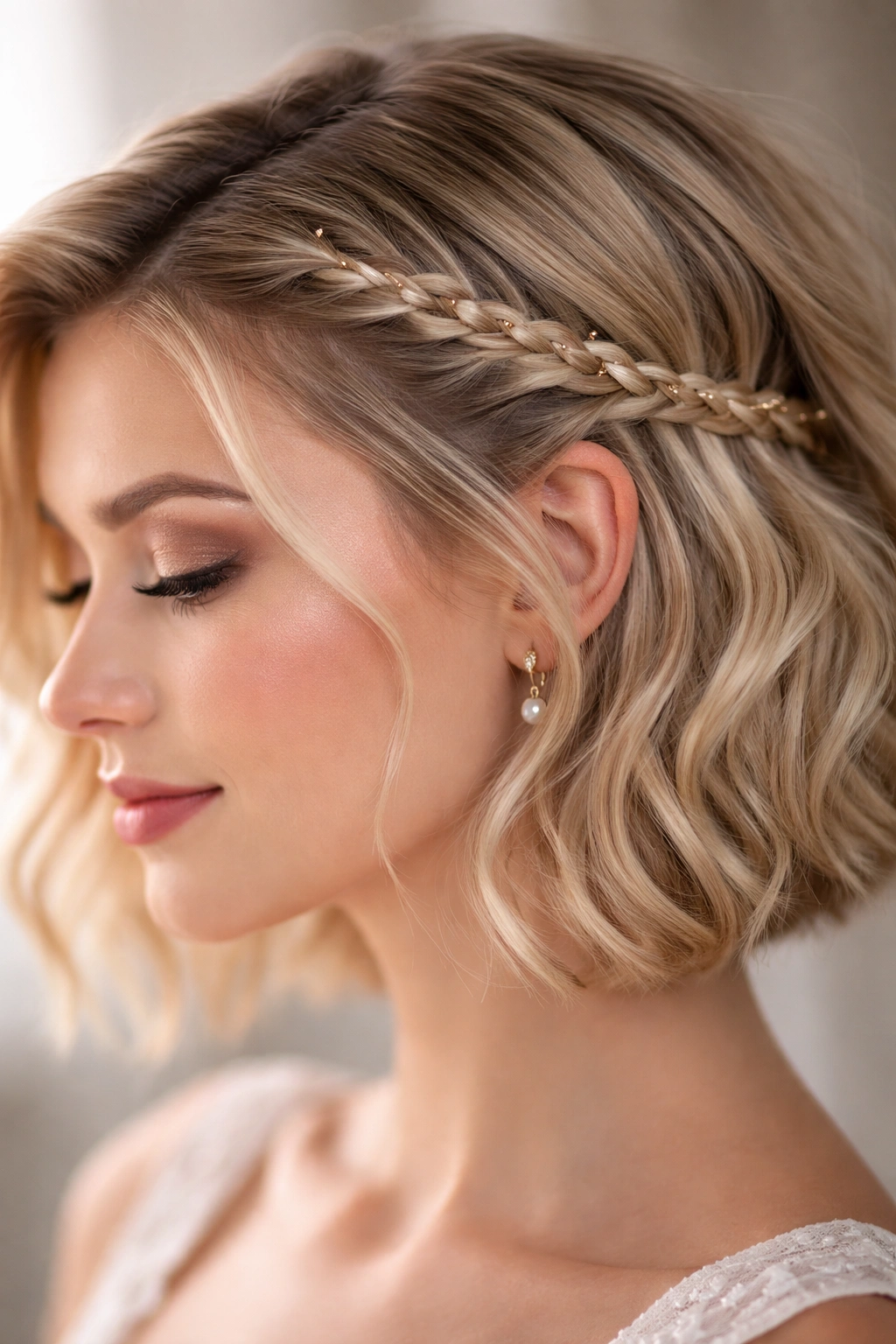 Thin temple braid with decorative cord secured at back crown