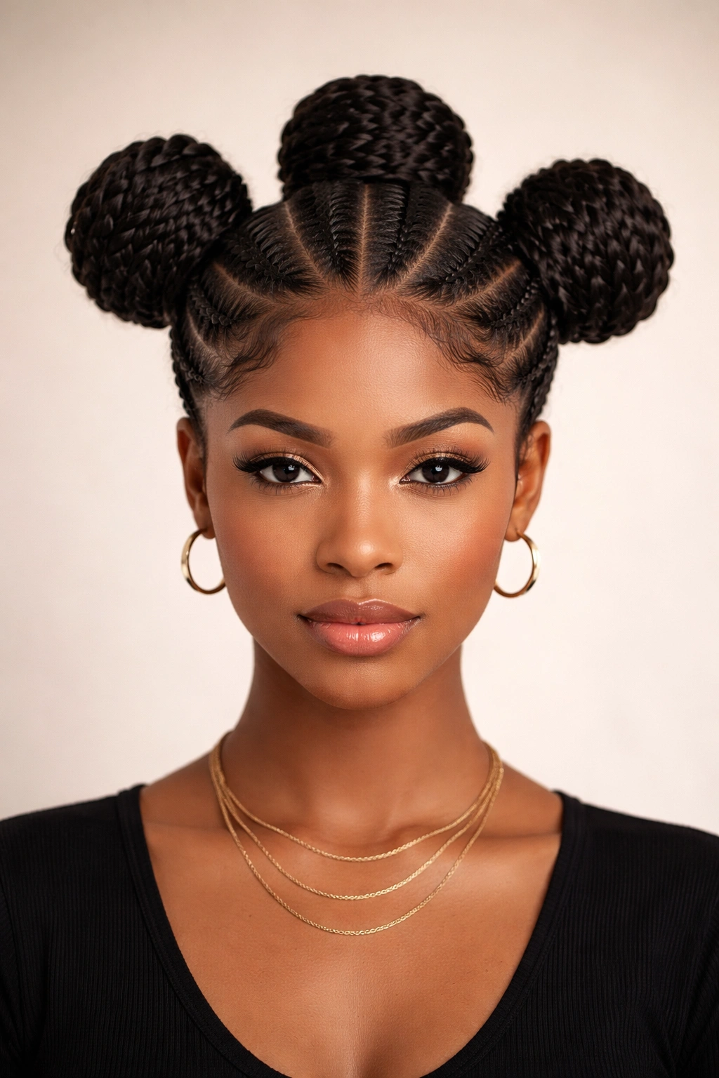 Three buns with feed-in cornrows forming triangle silhouette