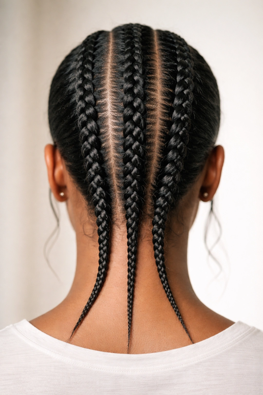 Three parallel cornrows along the back of the head with equal spacing.