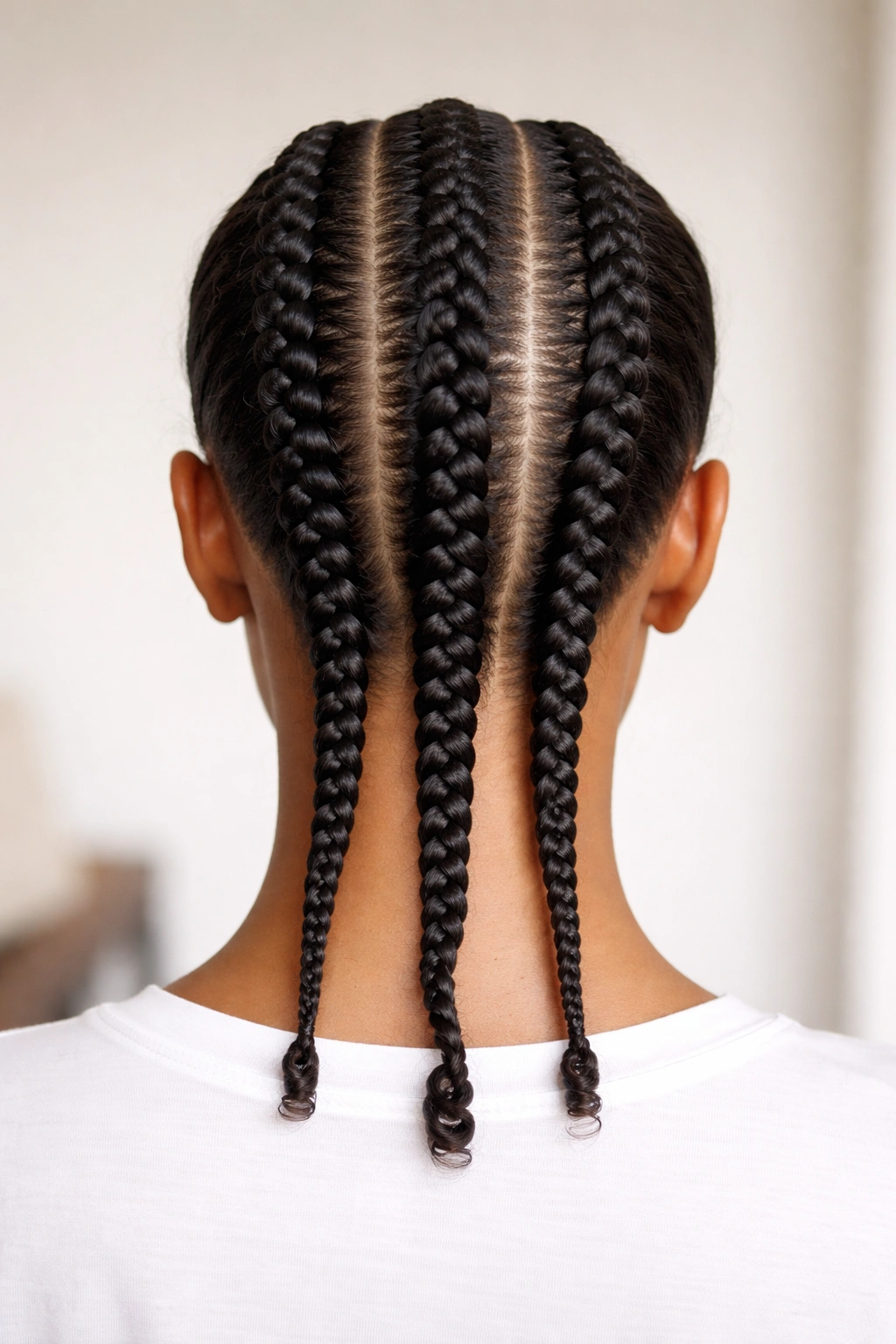 Classic three-row feed-in cornrows on a neutral studio backdrop