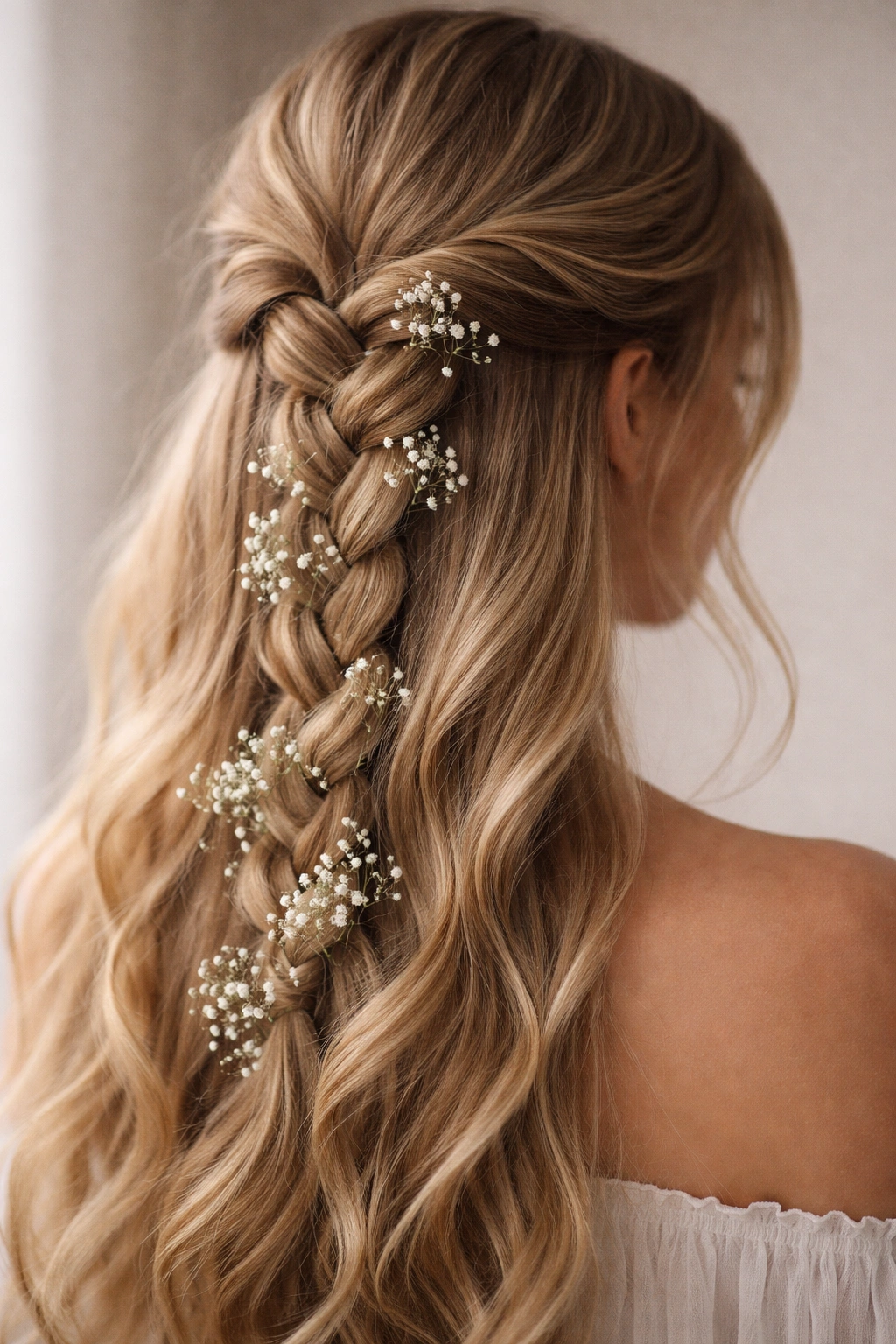 Close-up profile of a head with a three-strand braid and cascading baby's breath against a neutral background