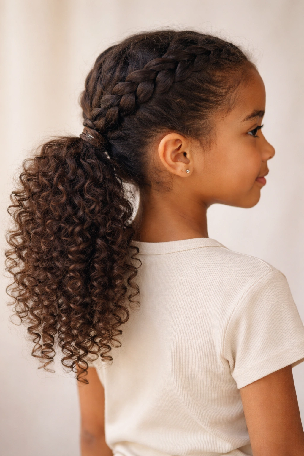 Close-up of a curly-haired child with a crown braid transitioning into a voluminous curly ponytail