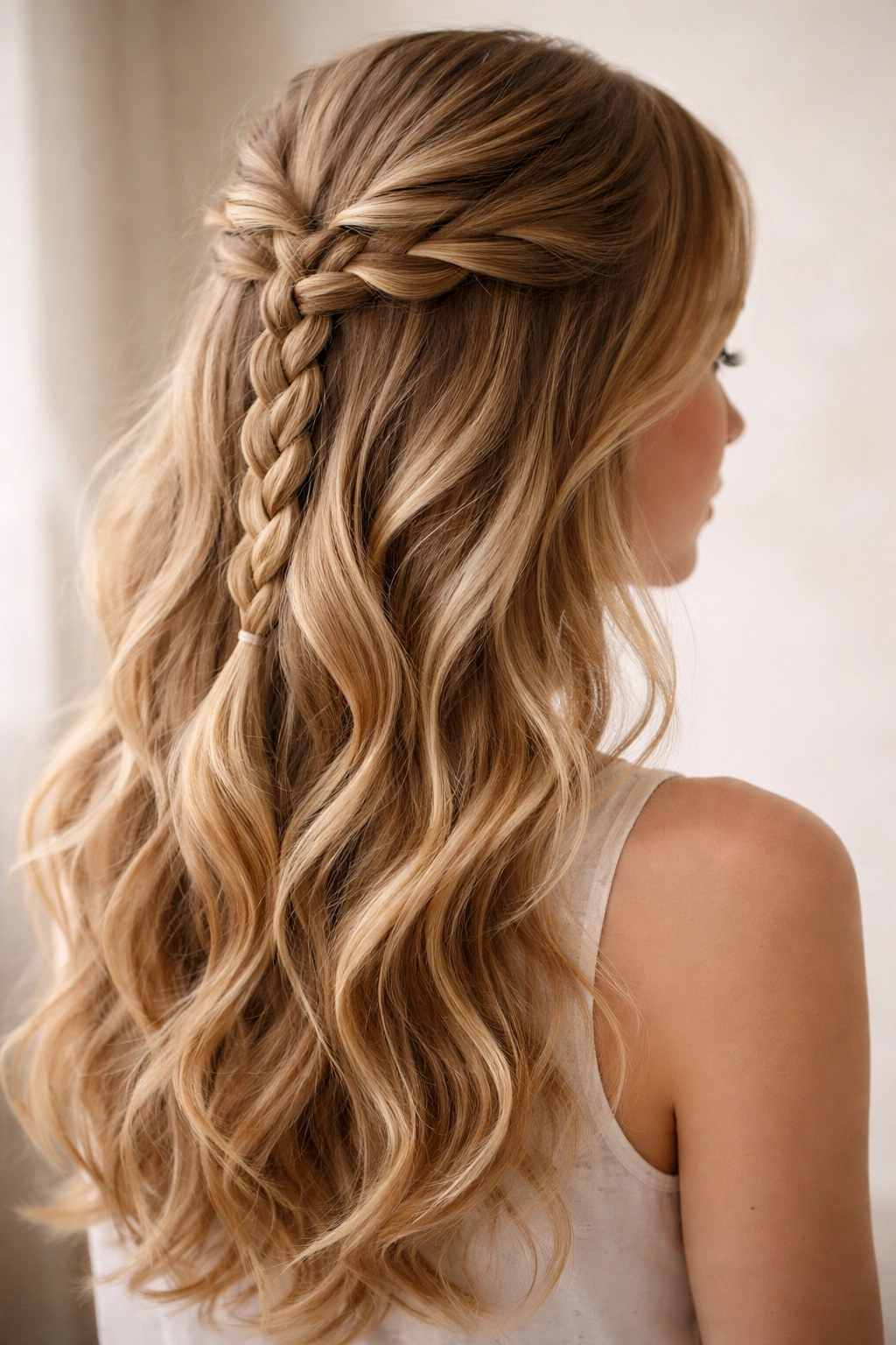 Three-strand braid half-up with loose waves