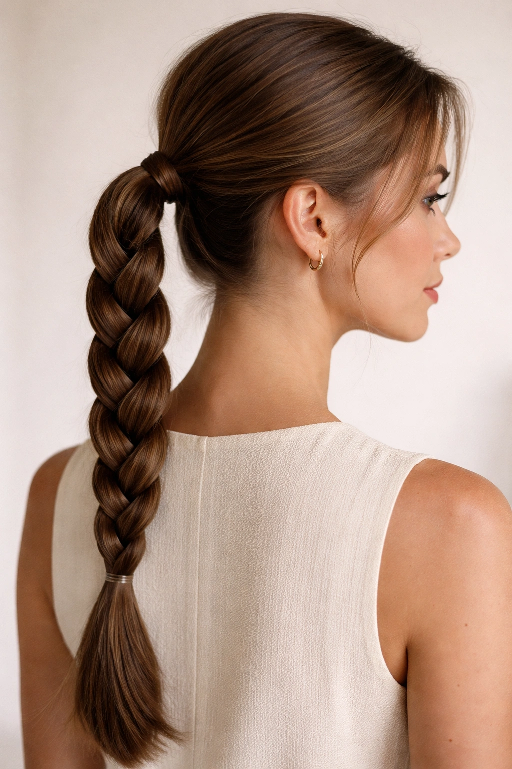 Close-up of a classic three-strand braided ponytail with a mid-height ponytail and smooth glossy hair