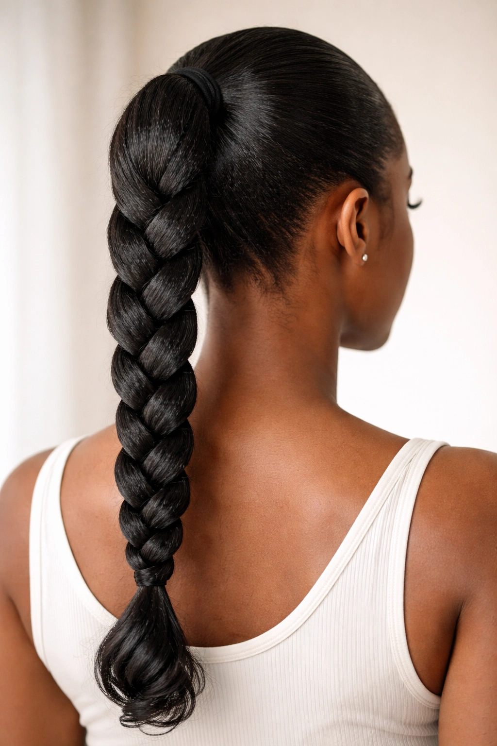 Close-up of a classic three-strand braided ponytail with defined braids on natural hair