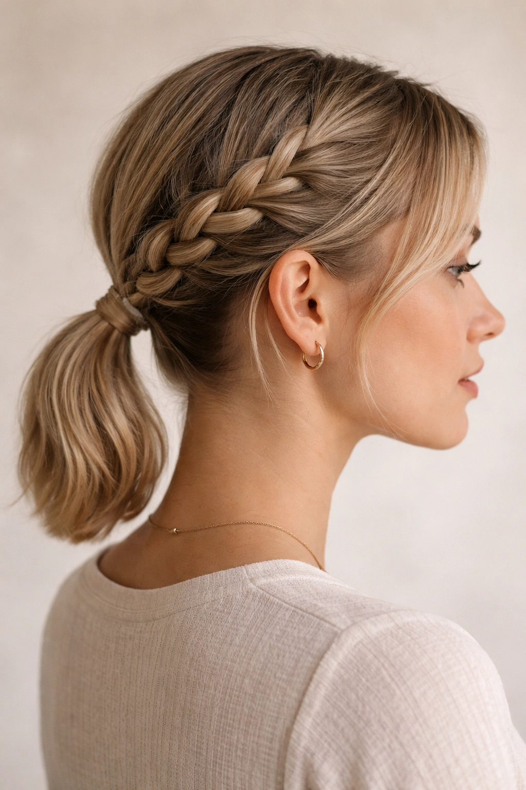 Close-up of short-hair with a classic three-strand braid leading to a low ponytail