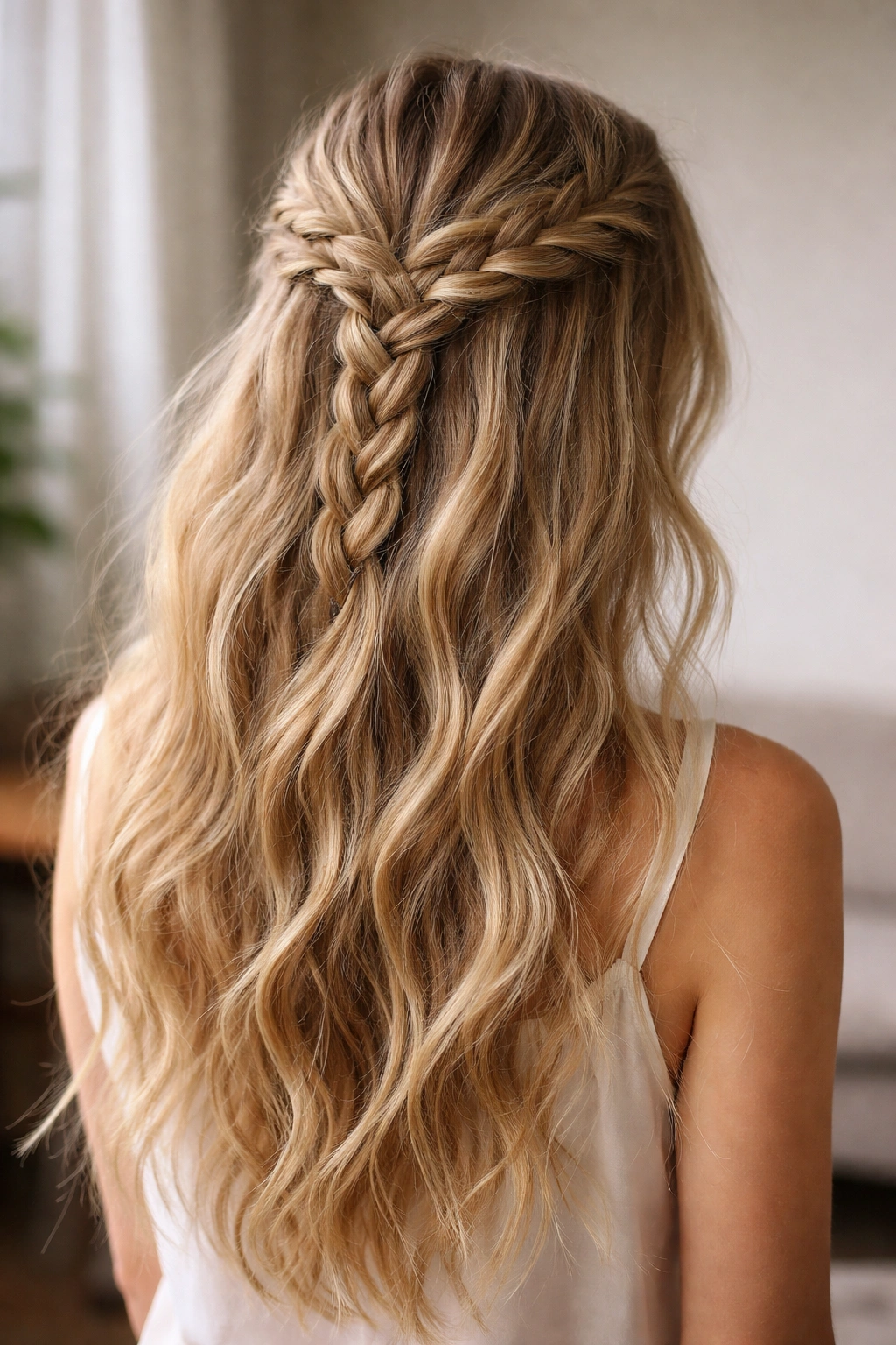 Loose three-strand braid from temple to back with hair down